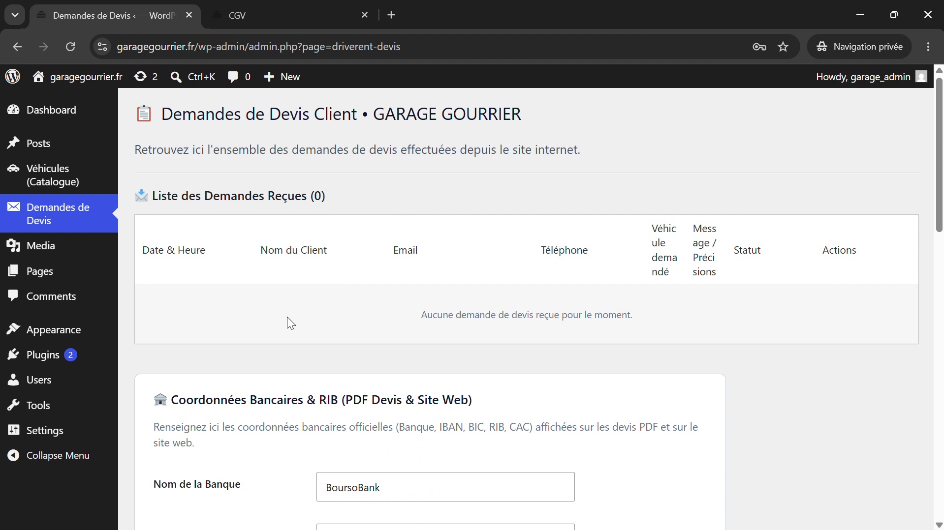 Interface Demandes de devis et RIB
